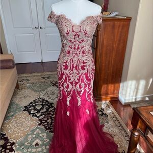 Cinderella Burgundy and Gold Off-Shoulder Prom Dress